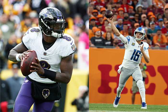 Ravens quarterback Lamar Jackson (left) and Lions signal-caller Jared Goff (right)